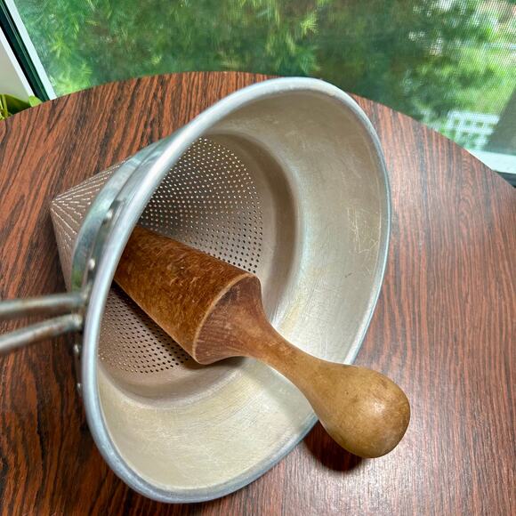 Vintage Aluminum Cone Strainer with Wooden Pestle | Farmhouse Kitchen Décor - Picture 13 of 13